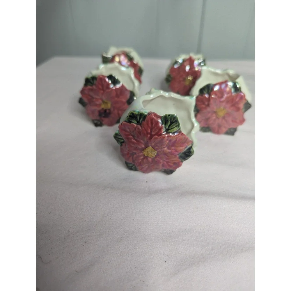 5 lot poinsettia napkin‎ ring holders porcelain one side pink other side red